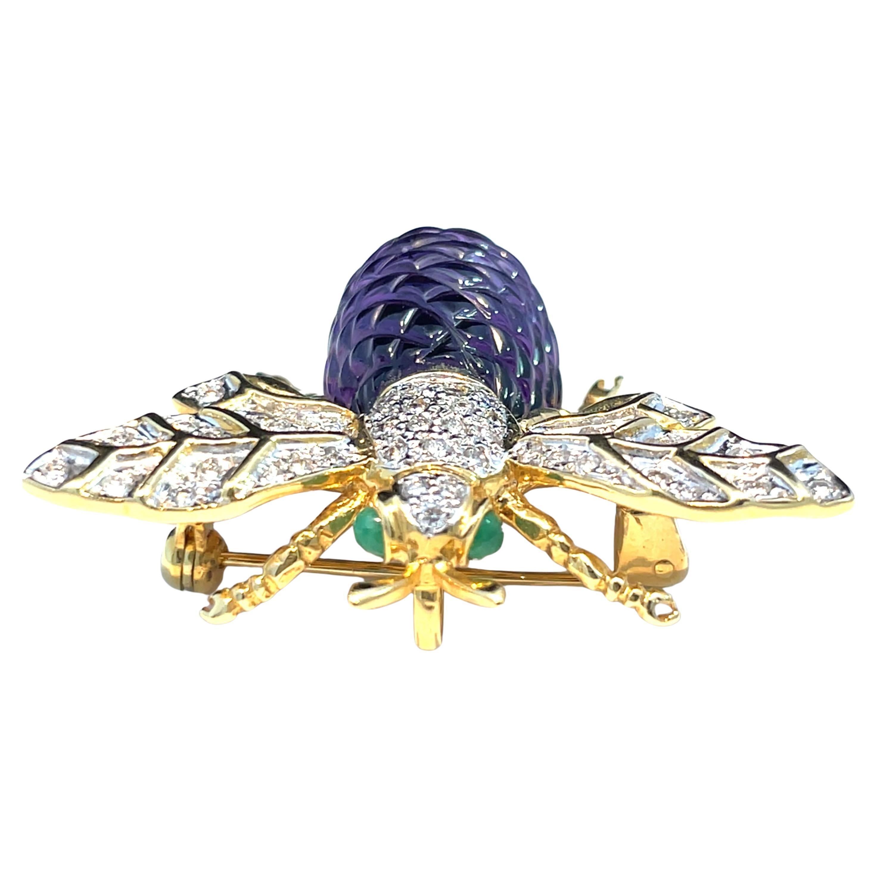 18K Yellow Gold Emerald eyes Diamond and Amethyst Bee Brooch