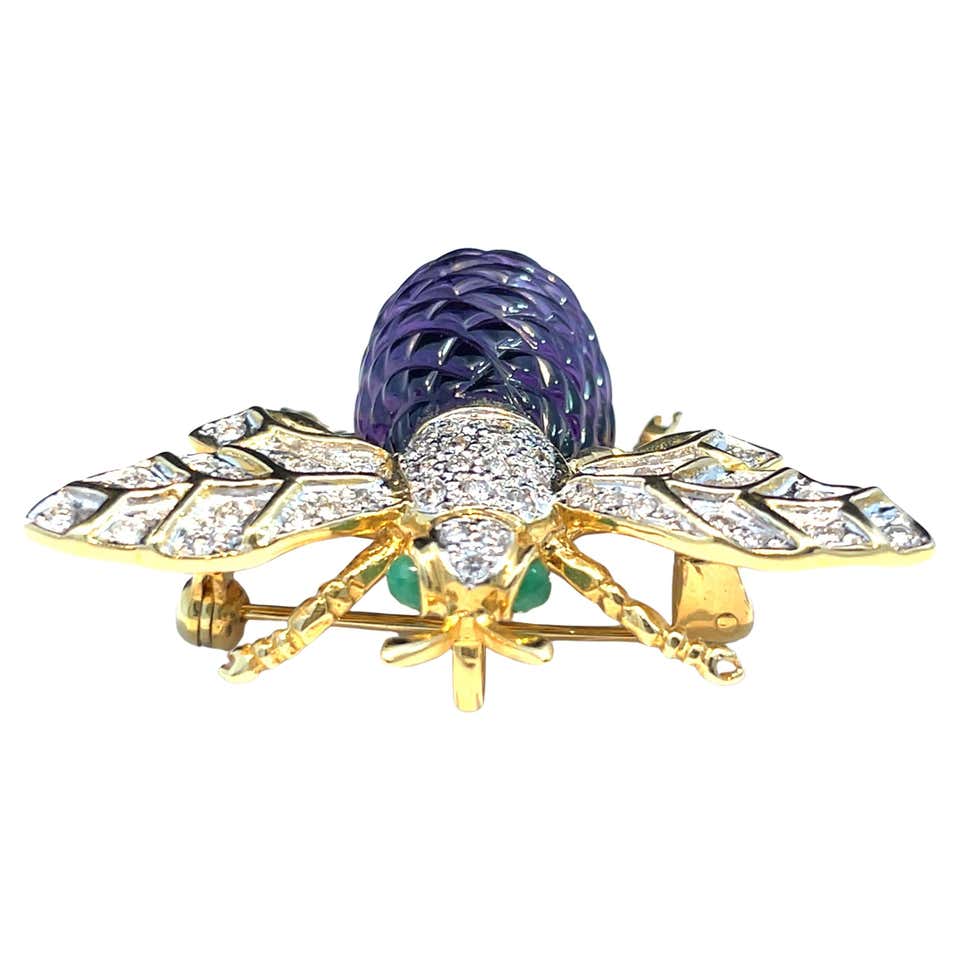 14K Yellow Gold Amethyst, Ruby and Turquoise Fly Brooch Pin For Sale at ...