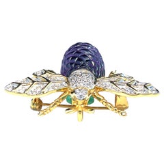 18K Yellow Gold Emerald eyes Diamond and Amethyst Bee Brooch