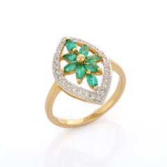 18K Yellow Gold Floral Emerald and Diamond Cocktail Wedding Ring for Women