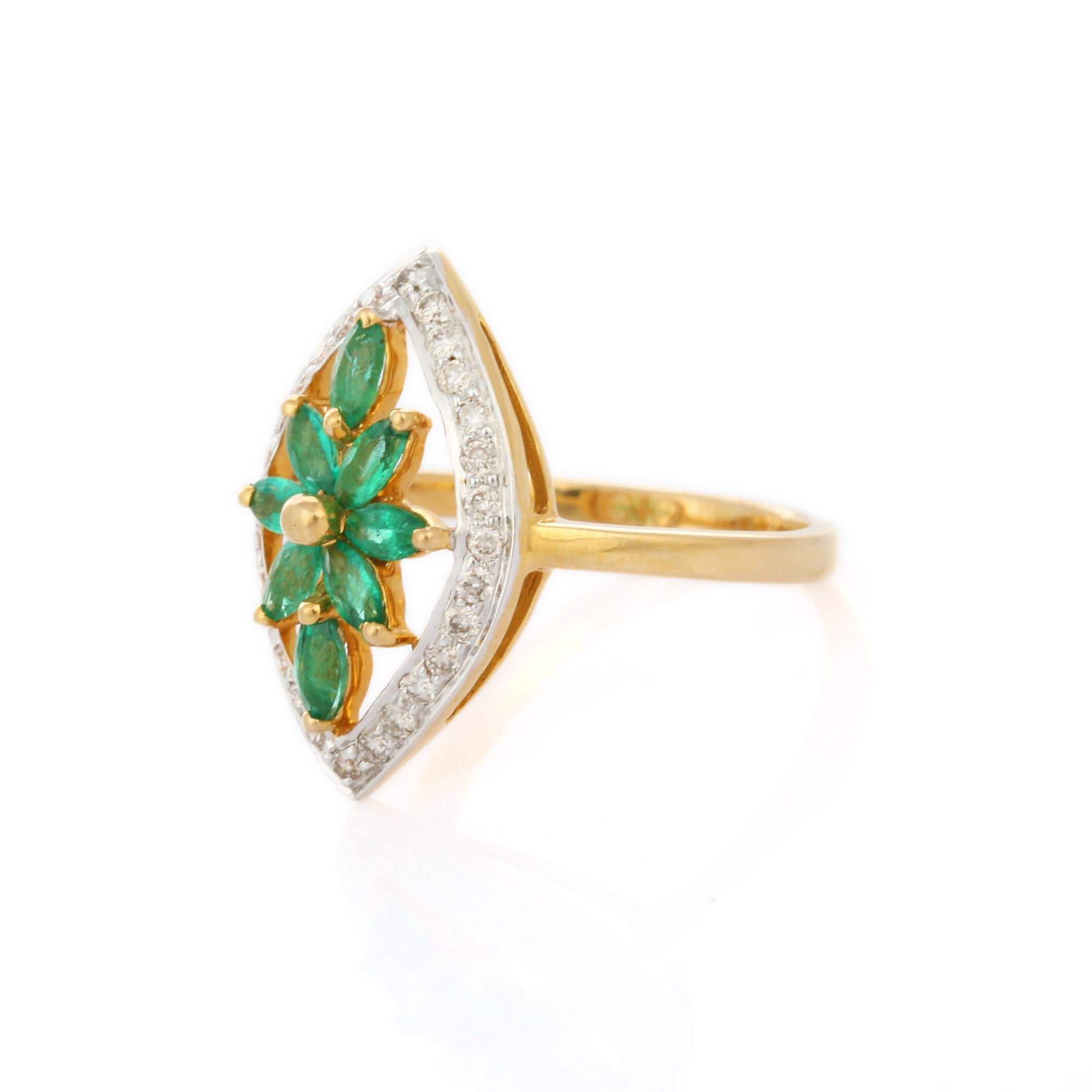 For Sale:  18K Yellow Gold Floral Emerald and Diamond Cocktail Wedding Ring for Women 3