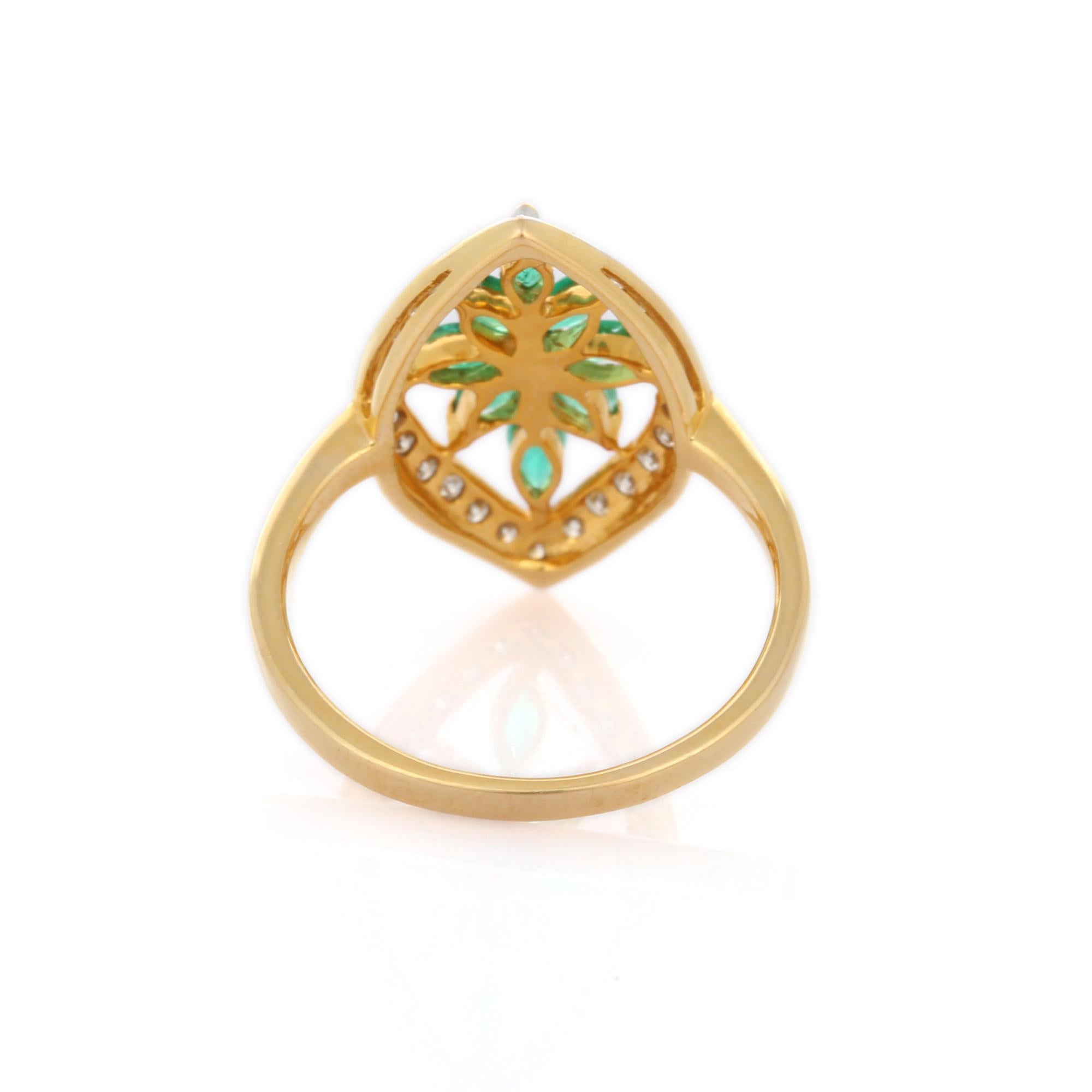 For Sale:  18K Yellow Gold Floral Emerald and Diamond Cocktail Wedding Ring for Women 4