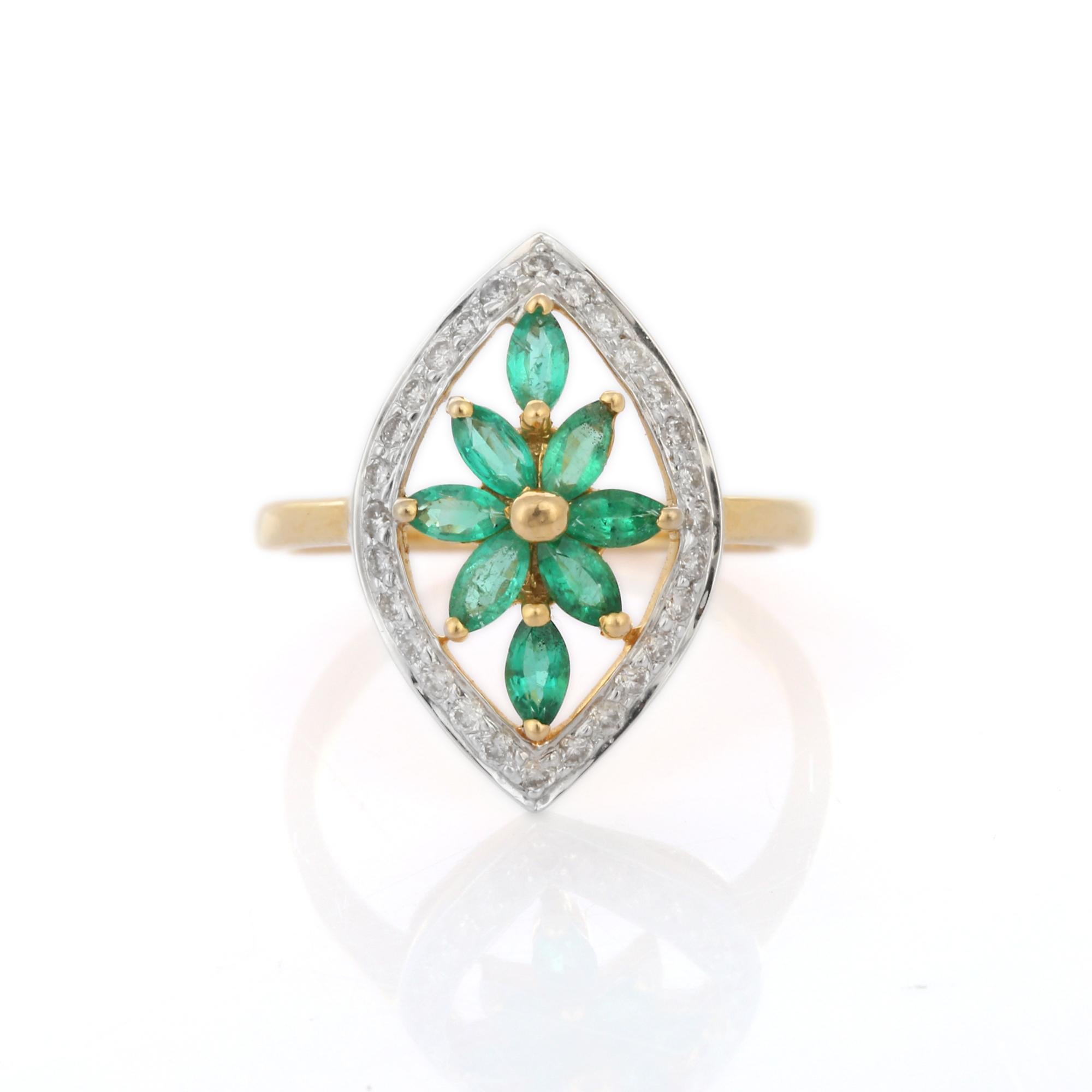 For Sale:  18K Yellow Gold Floral Emerald and Diamond Cocktail Wedding Ring for Women 5