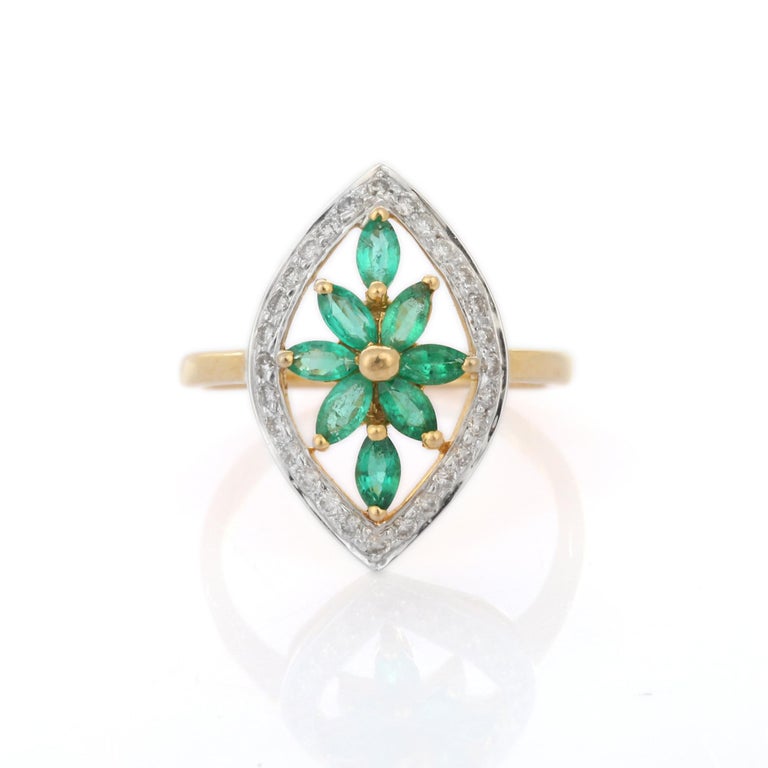 Customizable 18K Yellow Gold Floral Emerald and Diamond Cocktail ...