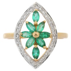 18K Yellow Gold Floral Emerald and Diamond Cocktail Wedding Ring for Women