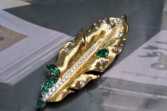 18K Yellow Gold Emerald Leaf Brooch & Pendant with Diamonds