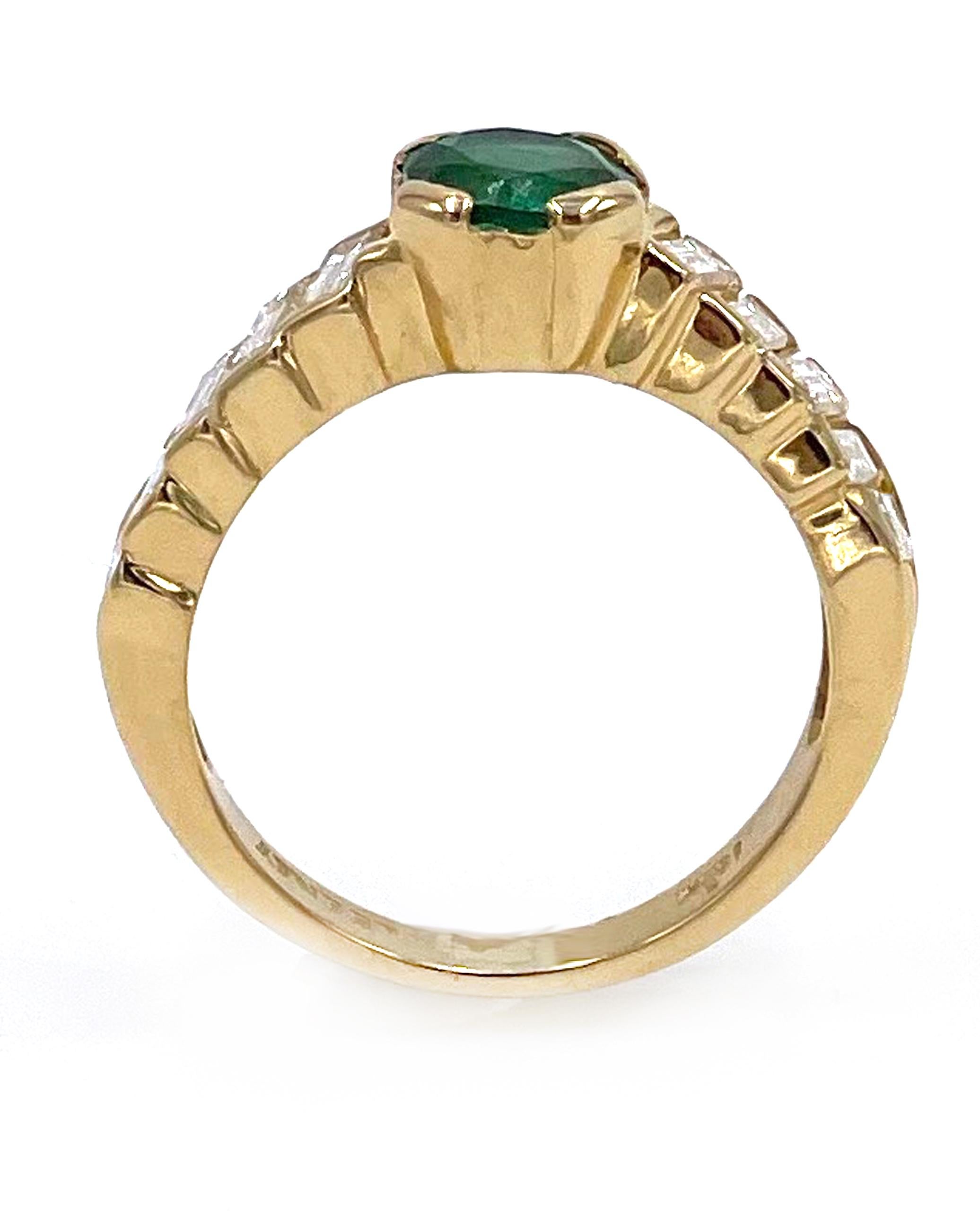 Baguette Cut 18K Yellow Gold Emerald Ring with Baguette Diamonds For Sale