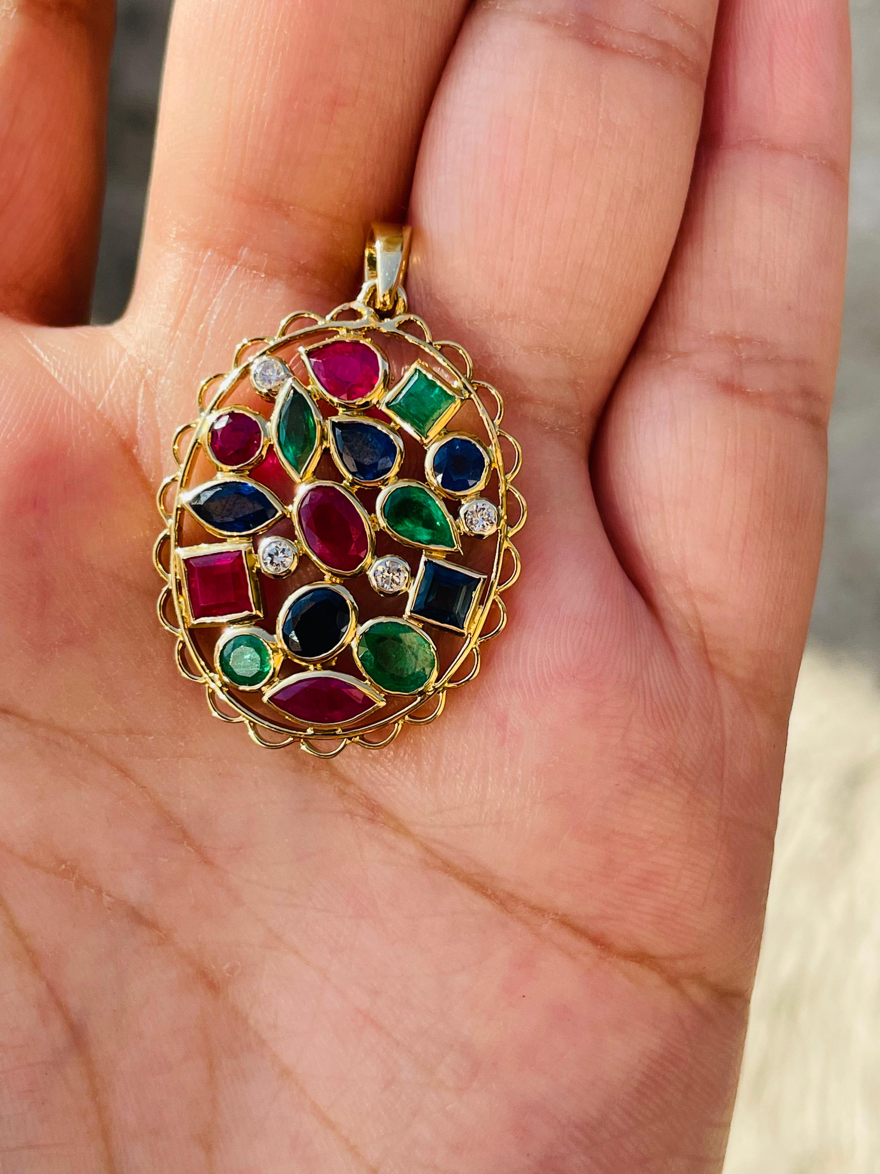 Modern 18K Yellow Gold Emerald, Ruby and Blue Sapphire with Diamonds For Sale