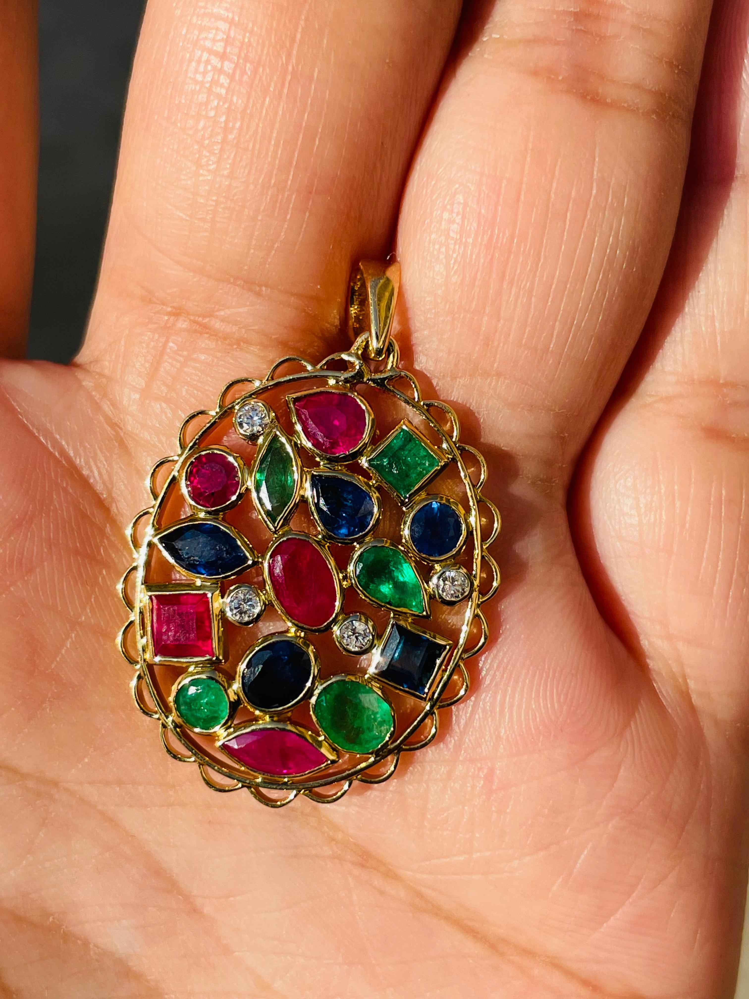 Emerald, ruby and blue sapphire pendant in 18K Gold. It has a mix cut gemstones studded with diamonds that completes your look with a decent touch. Pendants are used to wear or gifted to represent love and promises. It's an attractive jewelry piece