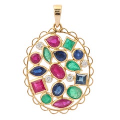 18K Yellow Gold Emerald, Ruby and Blue Sapphire with Diamonds