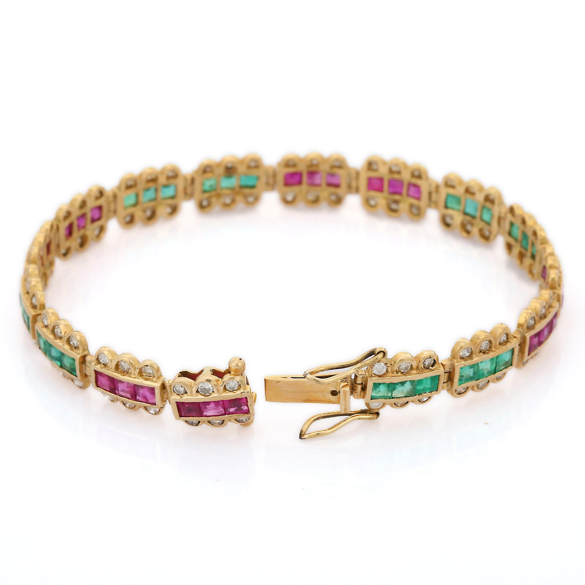 18K Yellow Gold Emerald, Ruby and Diamond Bracelet In New Condition In Houston, TX