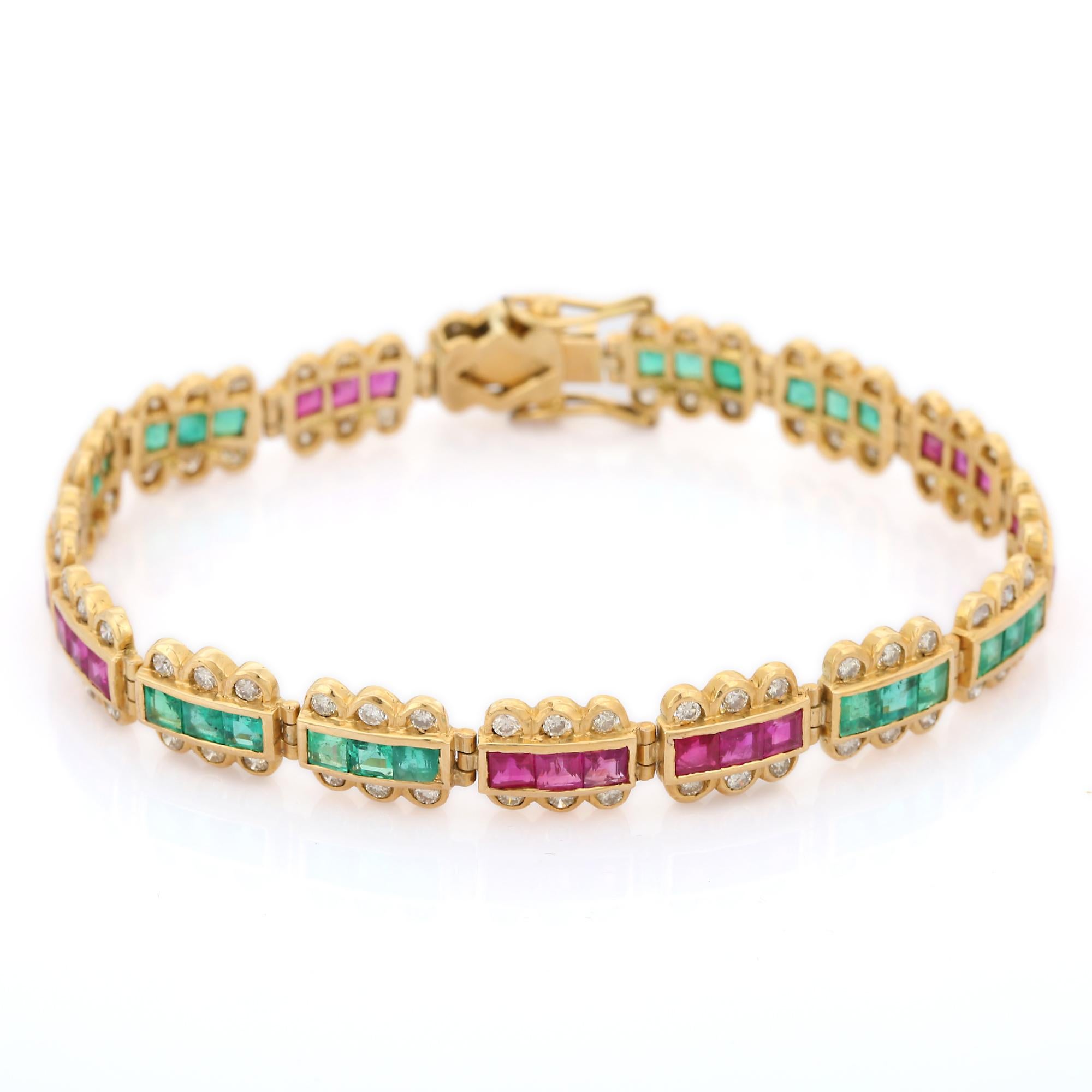 18K Yellow Gold Emerald, Ruby and Diamond Bracelet 1