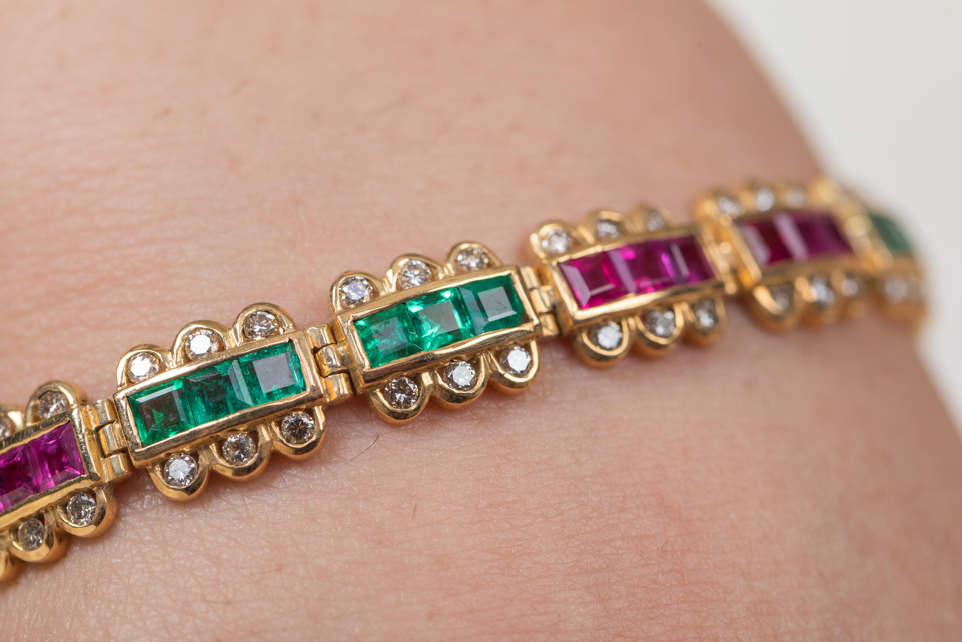 Square Cut 18K Yellow Gold Emerald, Ruby and Diamond Bracelet