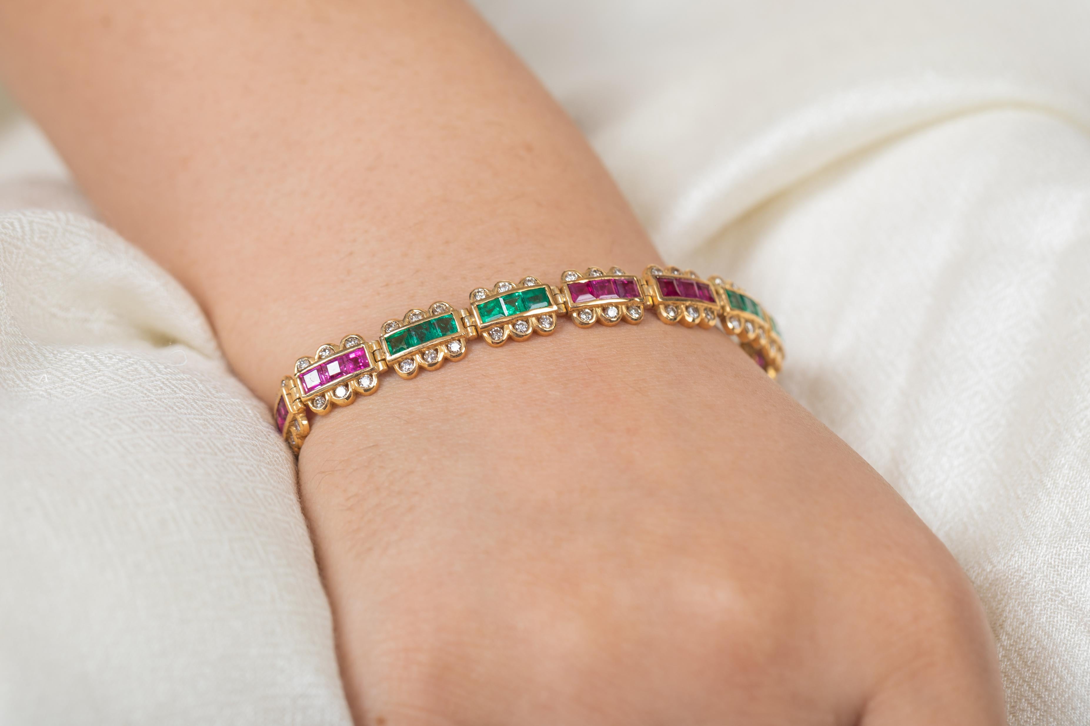 Women's 18K Yellow Gold Emerald, Ruby and Diamond Bracelet