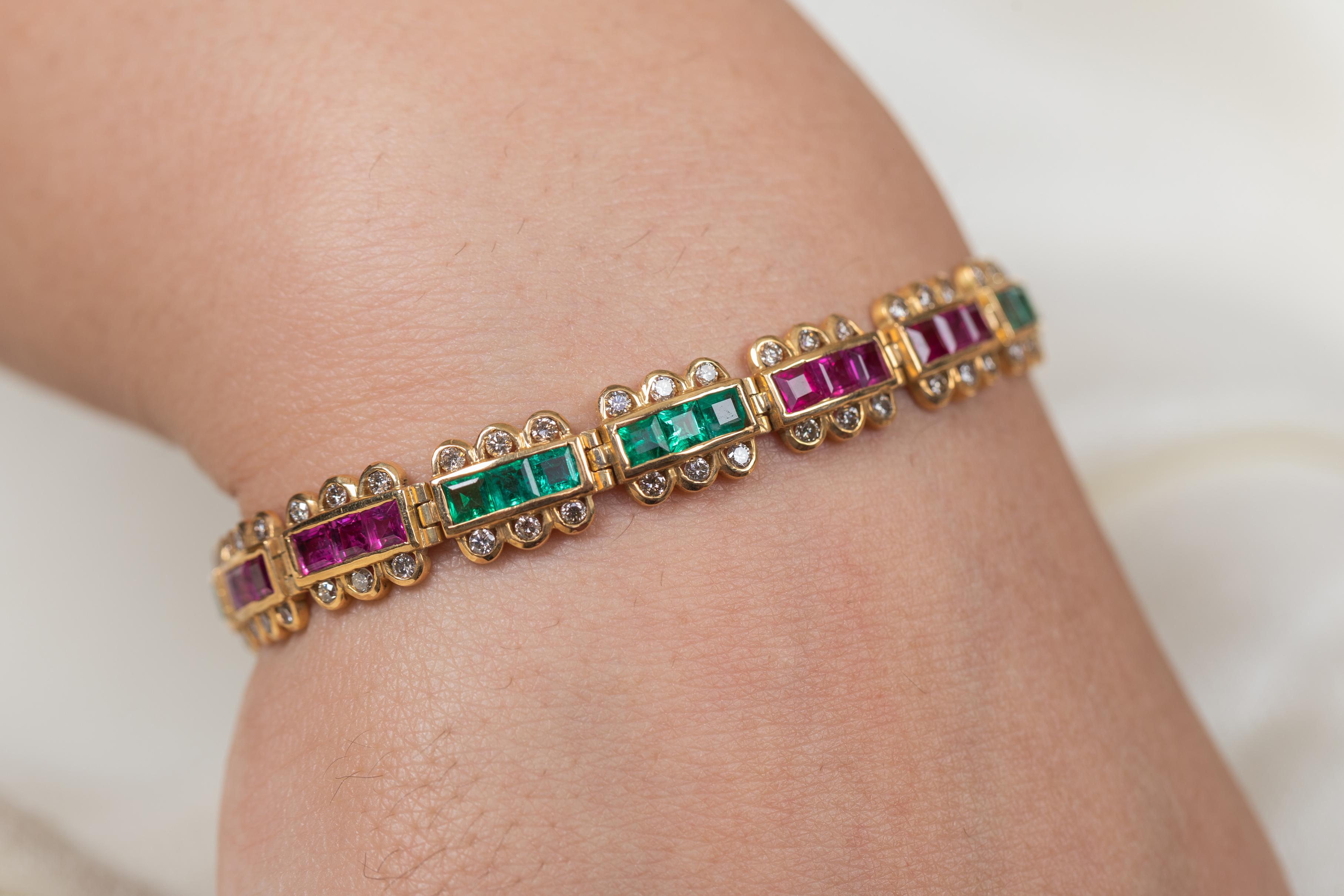 18K Yellow Gold Emerald, Ruby and Diamond Bracelet 2