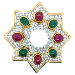 18k Yellow Gold Emerald Ruby and Pearl Brooch