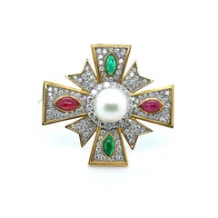 18k Yellow Gold Emerald Ruby and Pearl Cross Pin