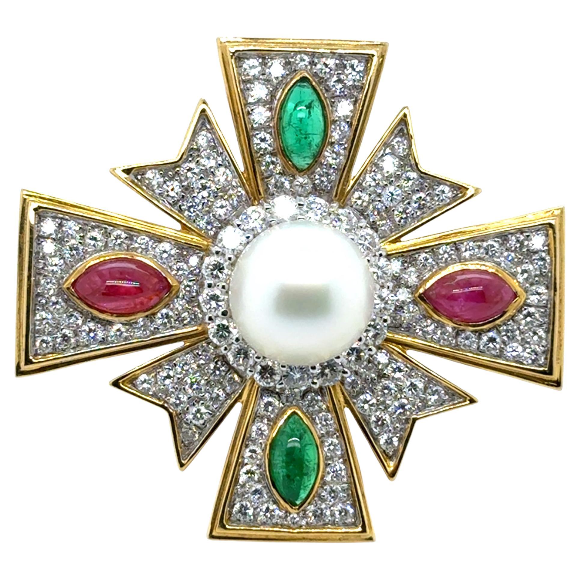 18k Gelbgold Smaragd Rubin und Perle Kreuz Pin