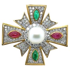 18k Yellow Gold Emerald Ruby and Pearl Cross Pin