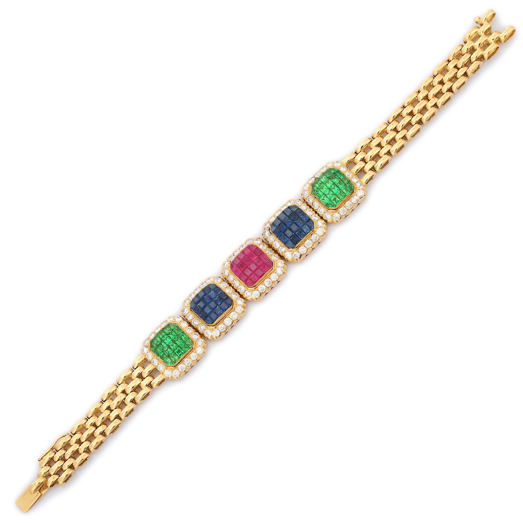Moderne Bracelet en or jaune 18 carats avec émeraudes, rubis et saphirs bleus en vente