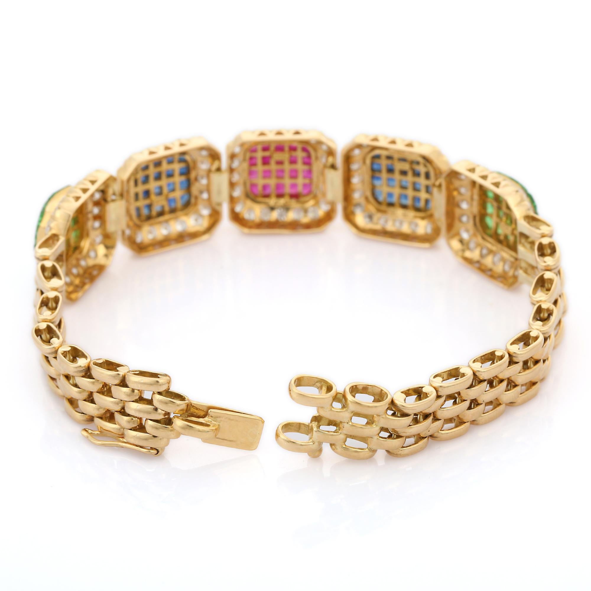 Modern 18K Yellow Gold Emerald, Ruby, Blue Sapphire Diamond Bracelet For Sale