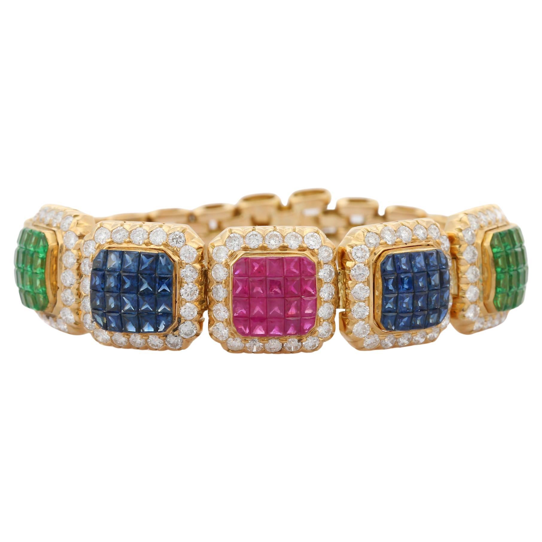 18K Yellow Gold Emerald, Ruby, Blue Sapphire Diamond Bracelet