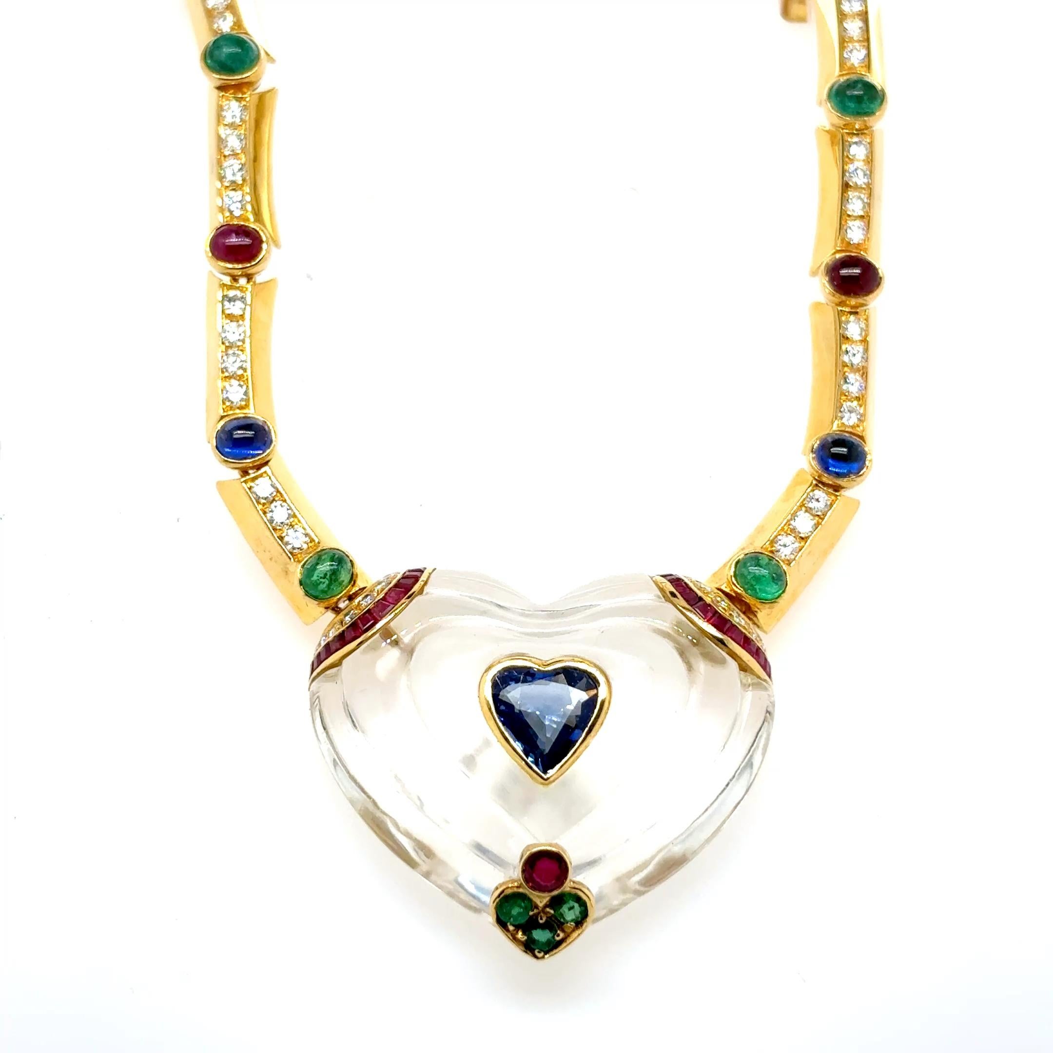 Collier en or jaune 18k Emeraude Rubis Saphir Diamant Coeur en vente 6