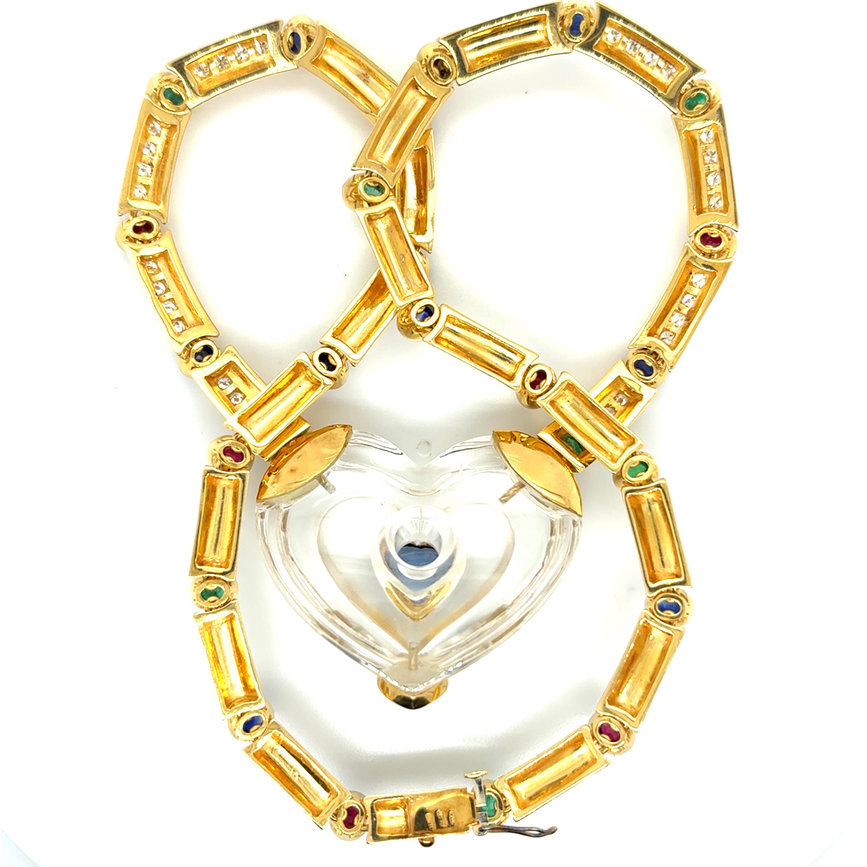 Collier en or jaune 18k Emeraude Rubis Saphir Diamant Coeur en vente 7