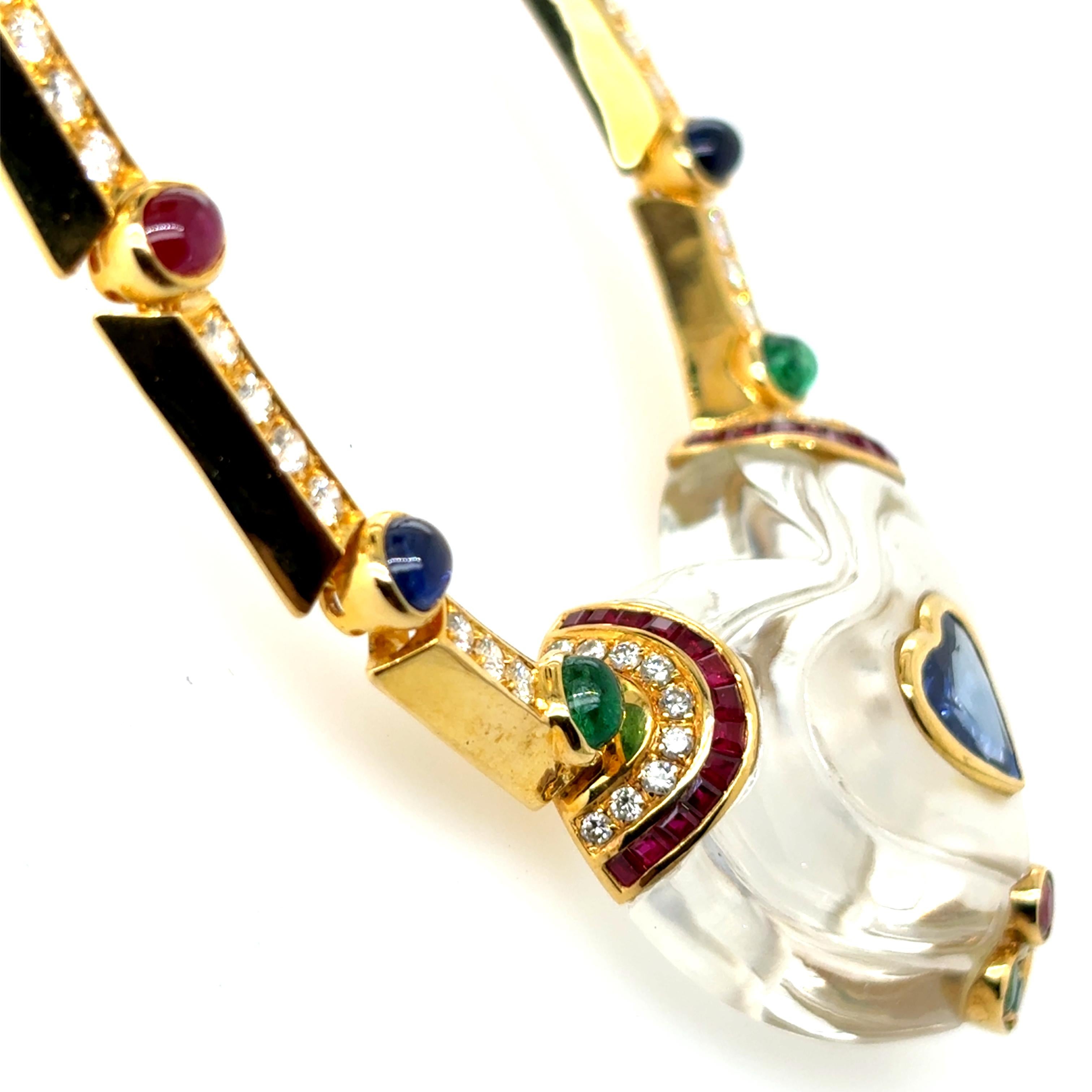 Collier en or jaune 18k Emeraude Rubis Saphir Diamant Coeur en vente 8