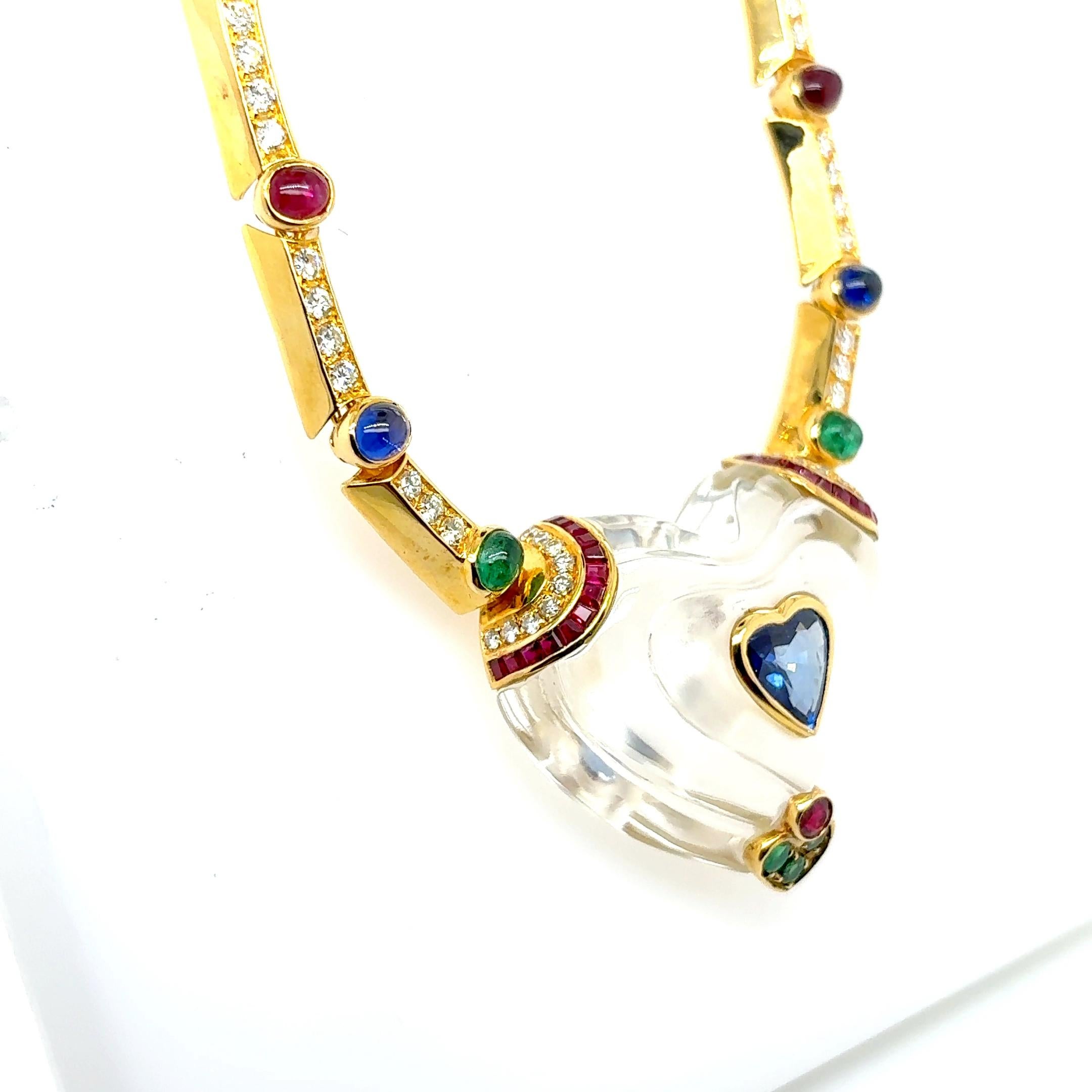 Collier en or jaune 18k Emeraude Rubis Saphir Diamant Coeur en vente 9
