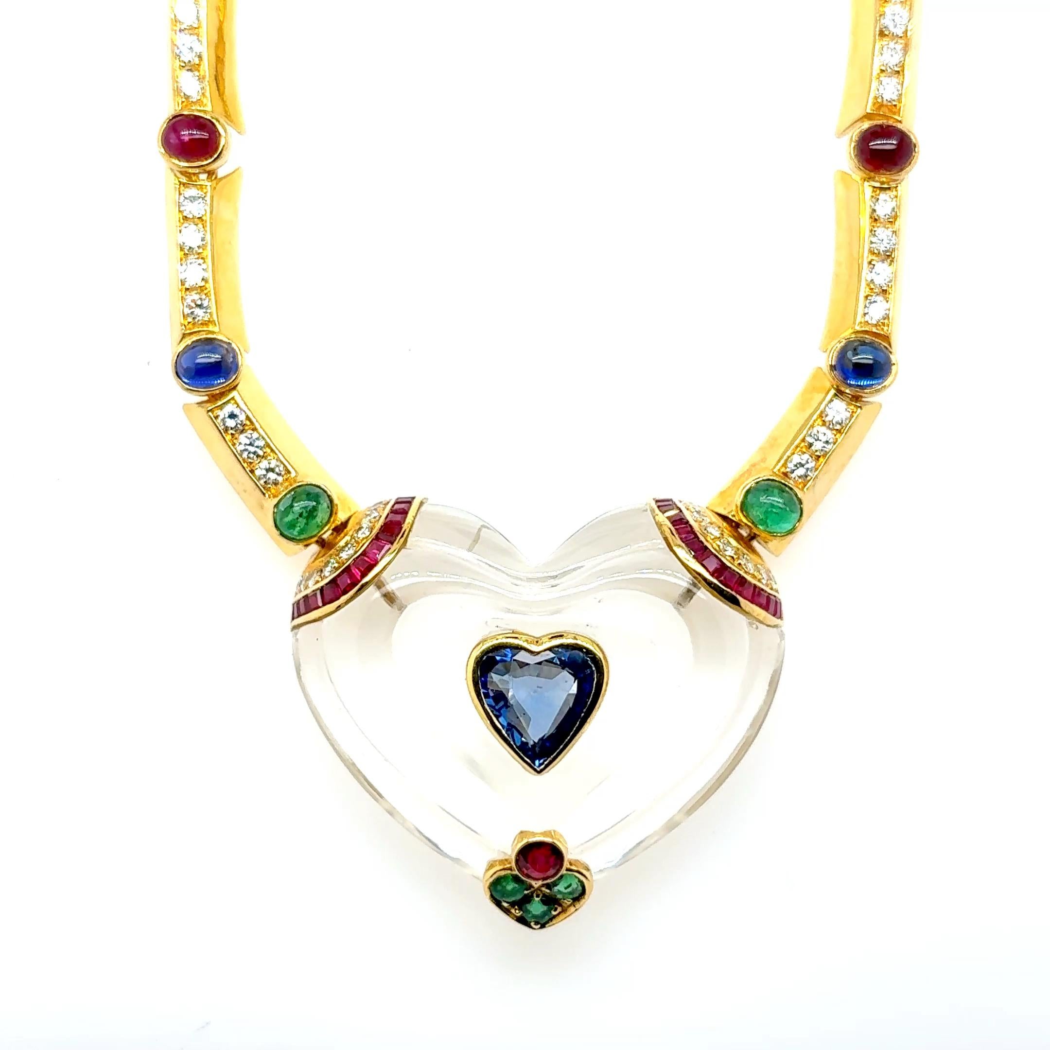 Collier en or jaune 18k Emeraude Rubis Saphir Diamant Coeur en vente 11
