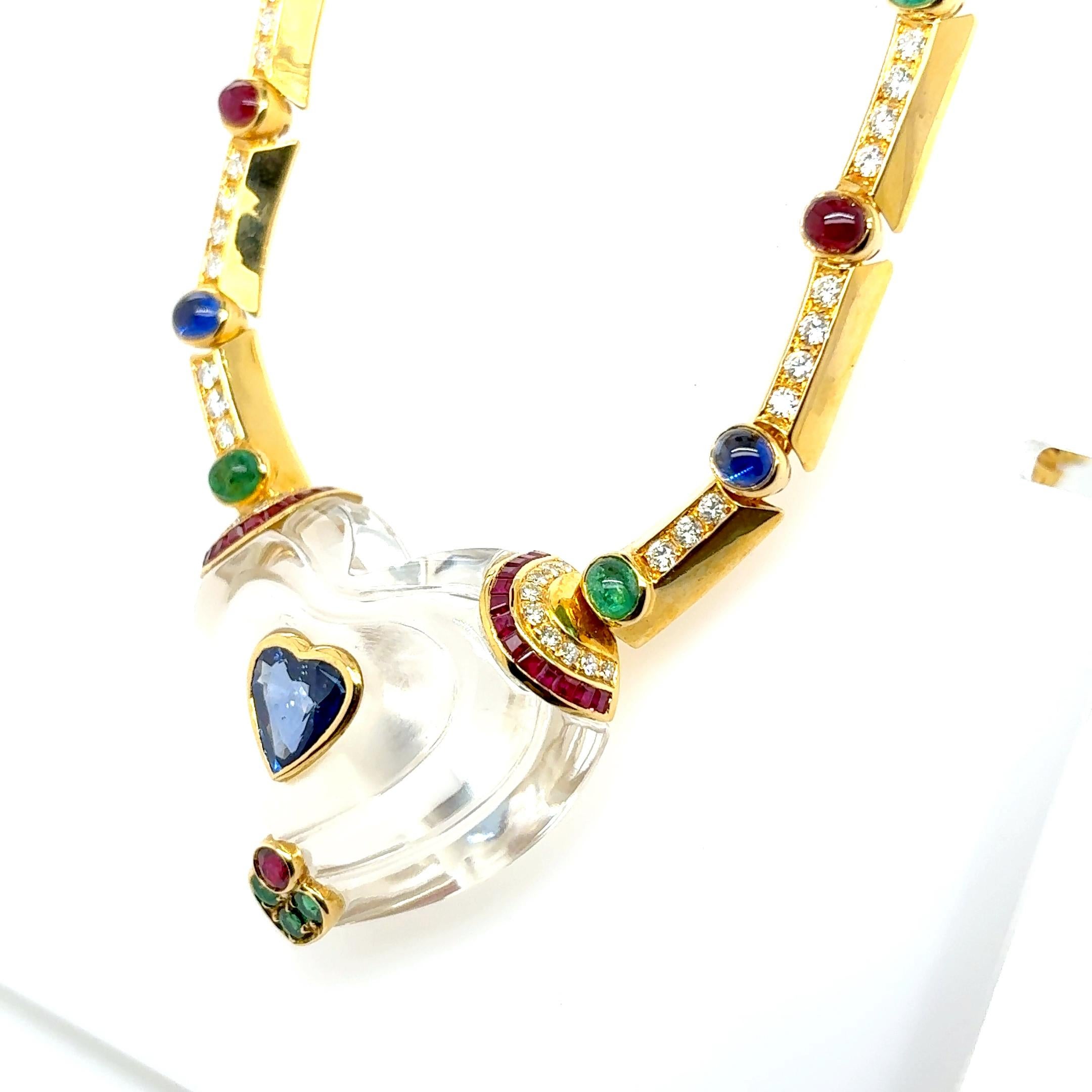Collier en or jaune 18k Emeraude Rubis Saphir Diamant Coeur en vente 14