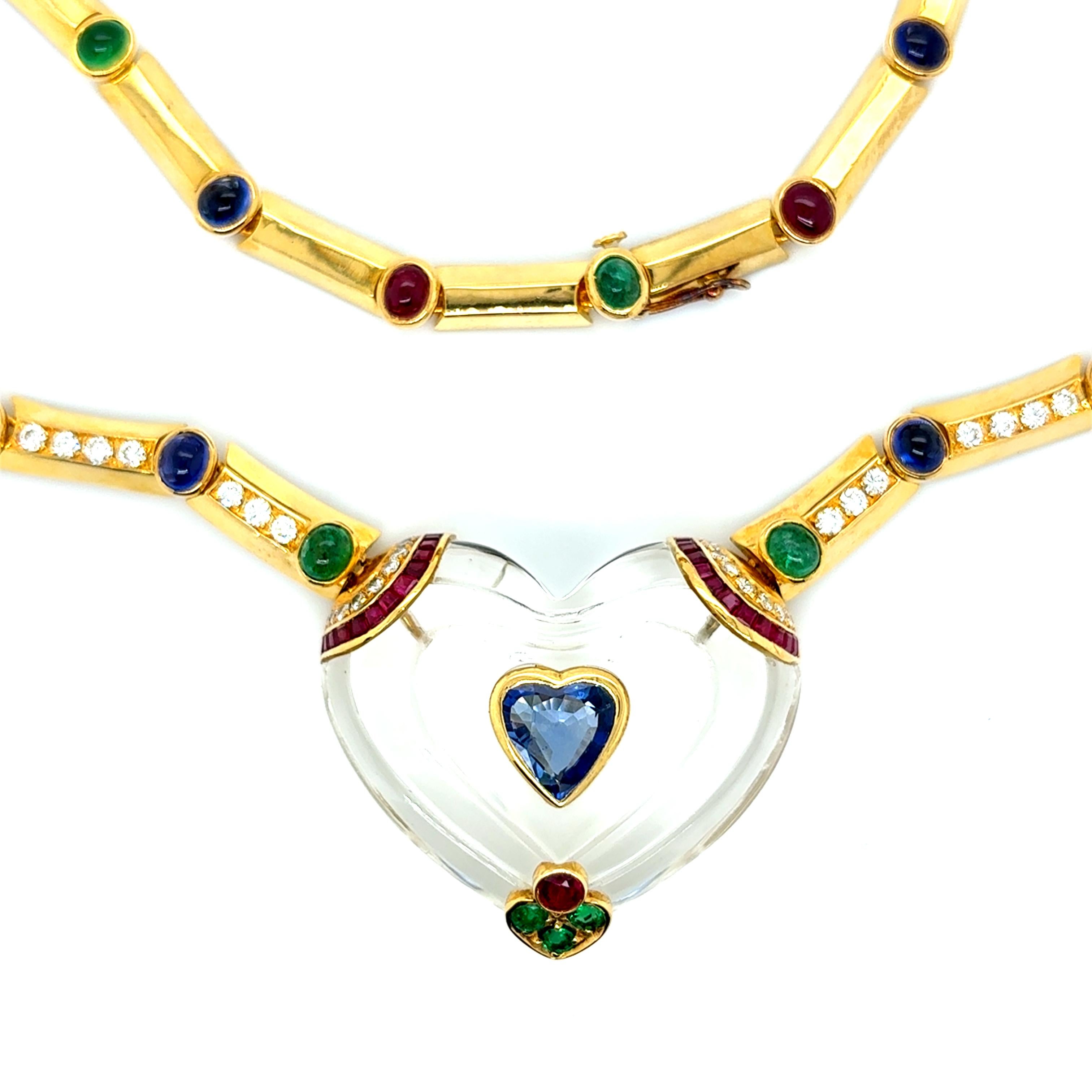 Collier en or jaune 18k Emeraude Rubis Saphir Diamant Coeur Neuf - En vente à Hong Kong, HK