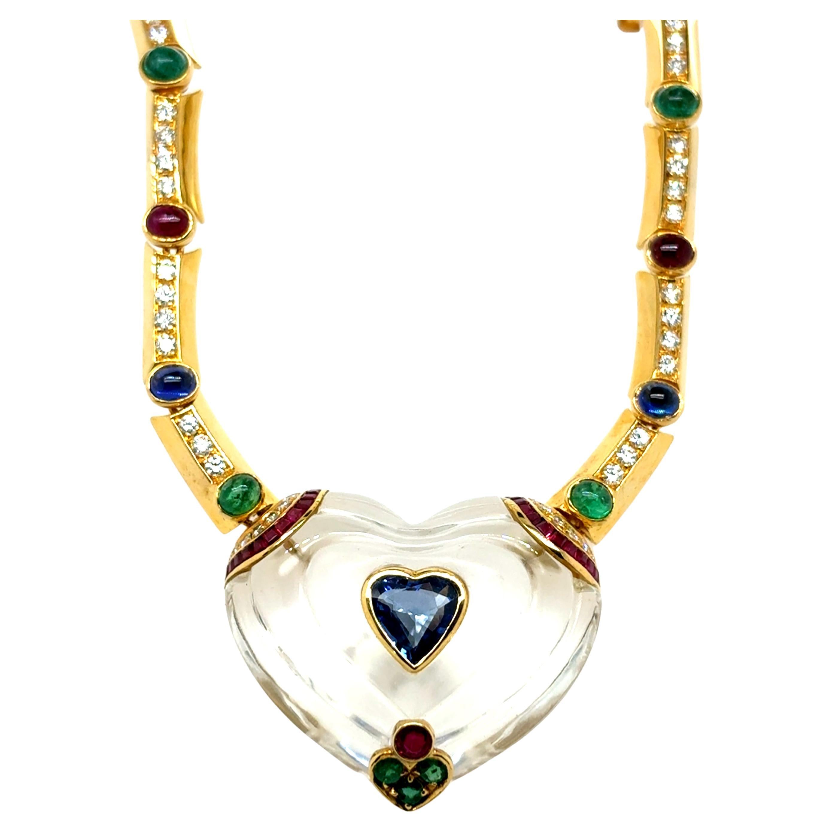 Collana a cuore in oro giallo 18k con smeraldo, rubino, zaffiro e diamante