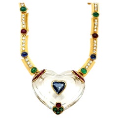 18k Yellow Gold Emerald Ruby Sapphire Diamond Heart Necklac