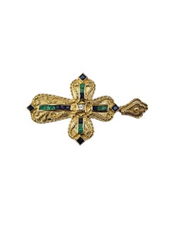 18K Yellow Gold Emerald, Sapphire & Diamond Cross Pendant #24323