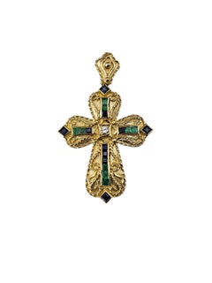 18K Yellow Gold Emerald, Sapphire & Diamond Cross Pendant #24323