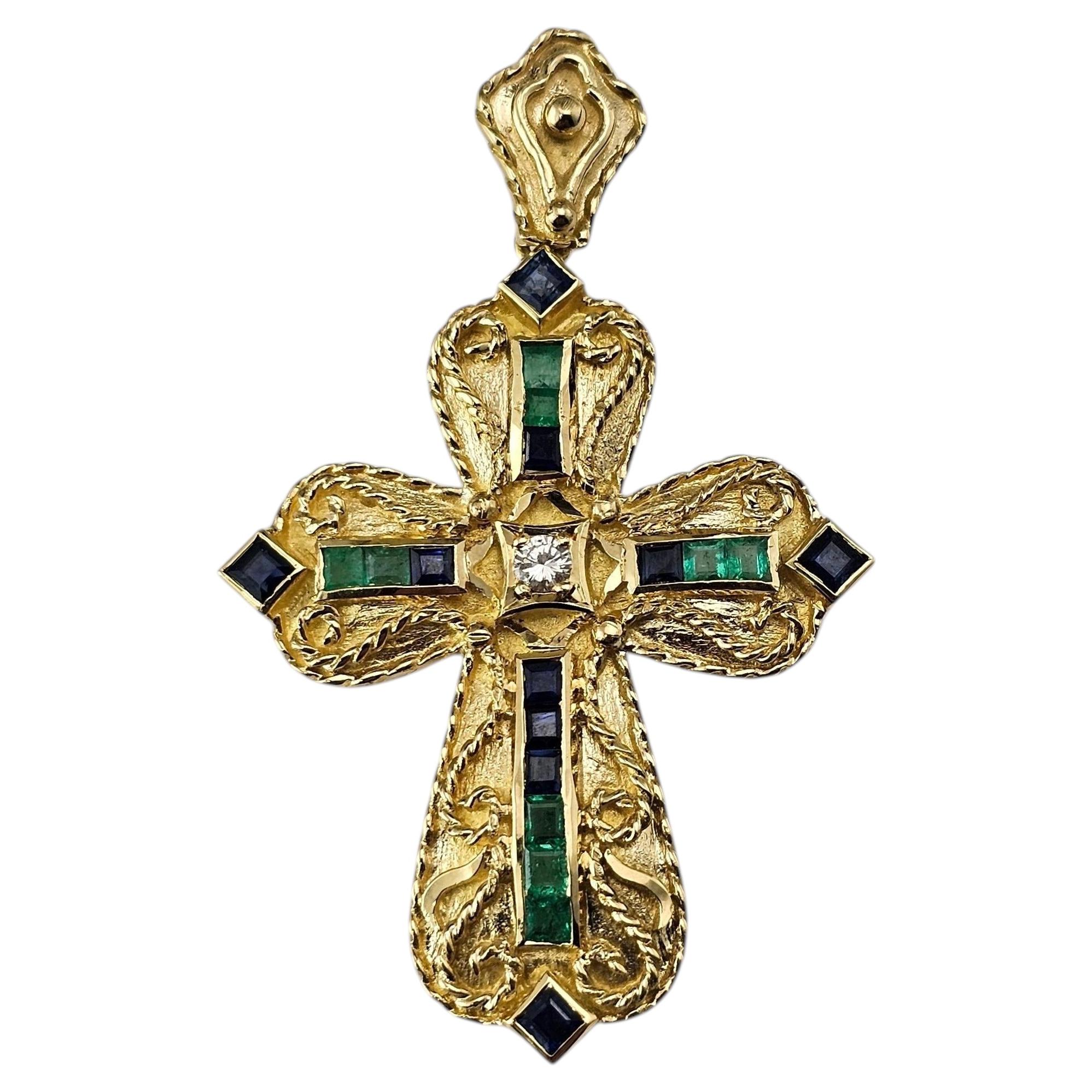 18K Yellow Gold Emerald, Sapphire & Diamond Cross Pendant #24323