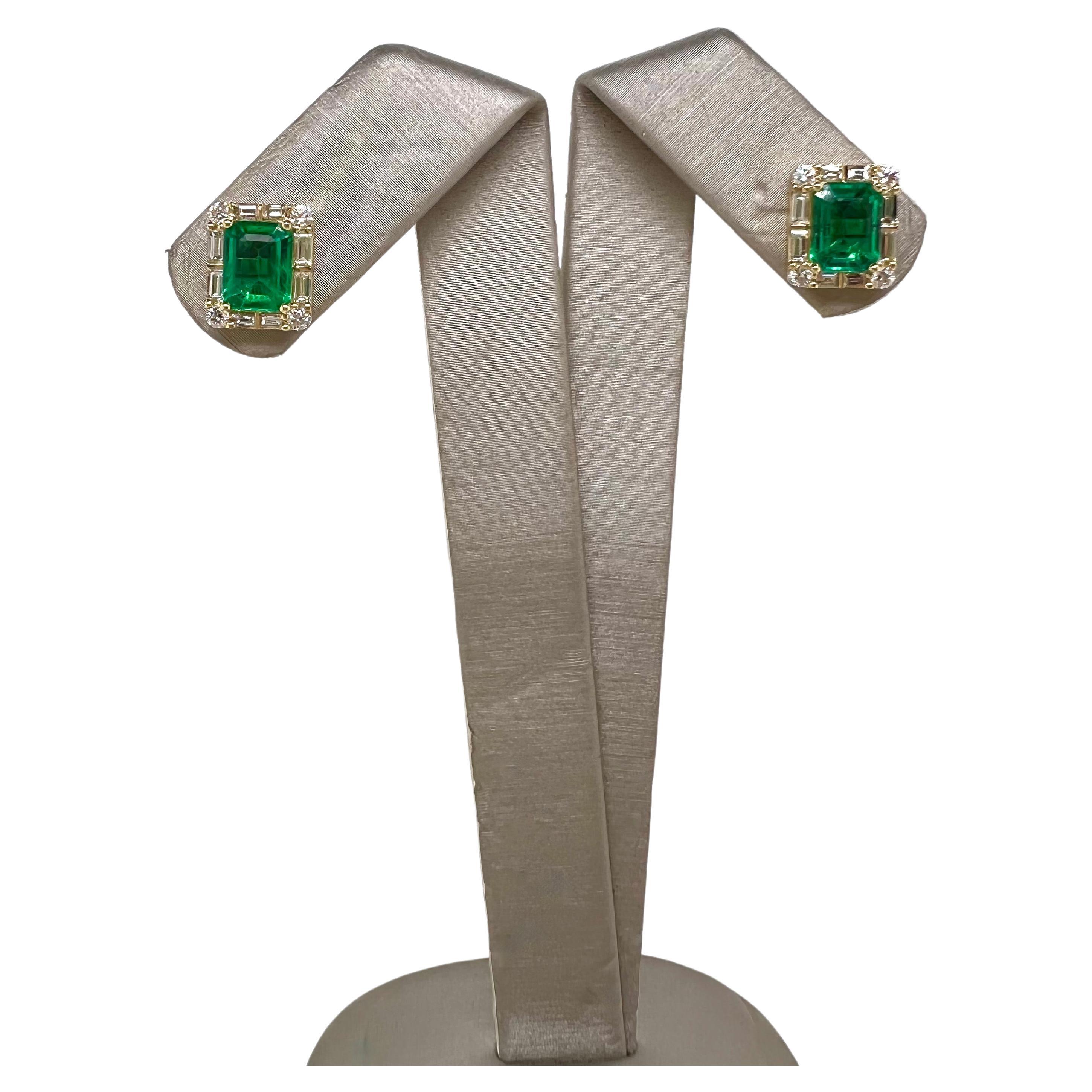 Emerald Cut 18k Yellow Gold Emerald with Baguette and Round Diamond Earrings For Sale