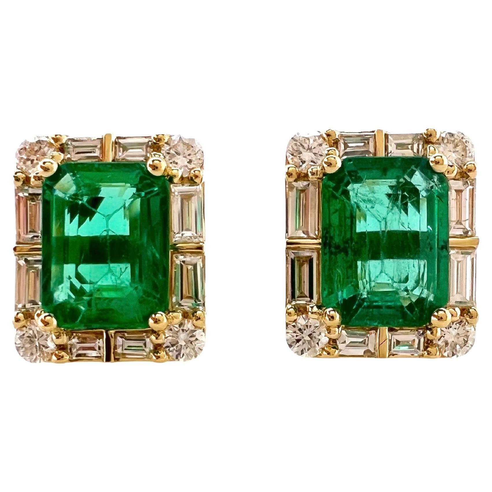 18k Yellow Gold Emerald with Baguette and Round Diamond Earrings For Sale