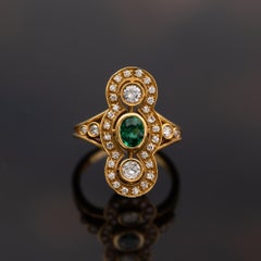 Bague Art déco en or jaune 18 carats, sertie d'une émeraude et de diamants verts