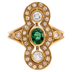 Bague Art déco en or jaune 18 carats, sertie d'une émeraude et de diamants verts