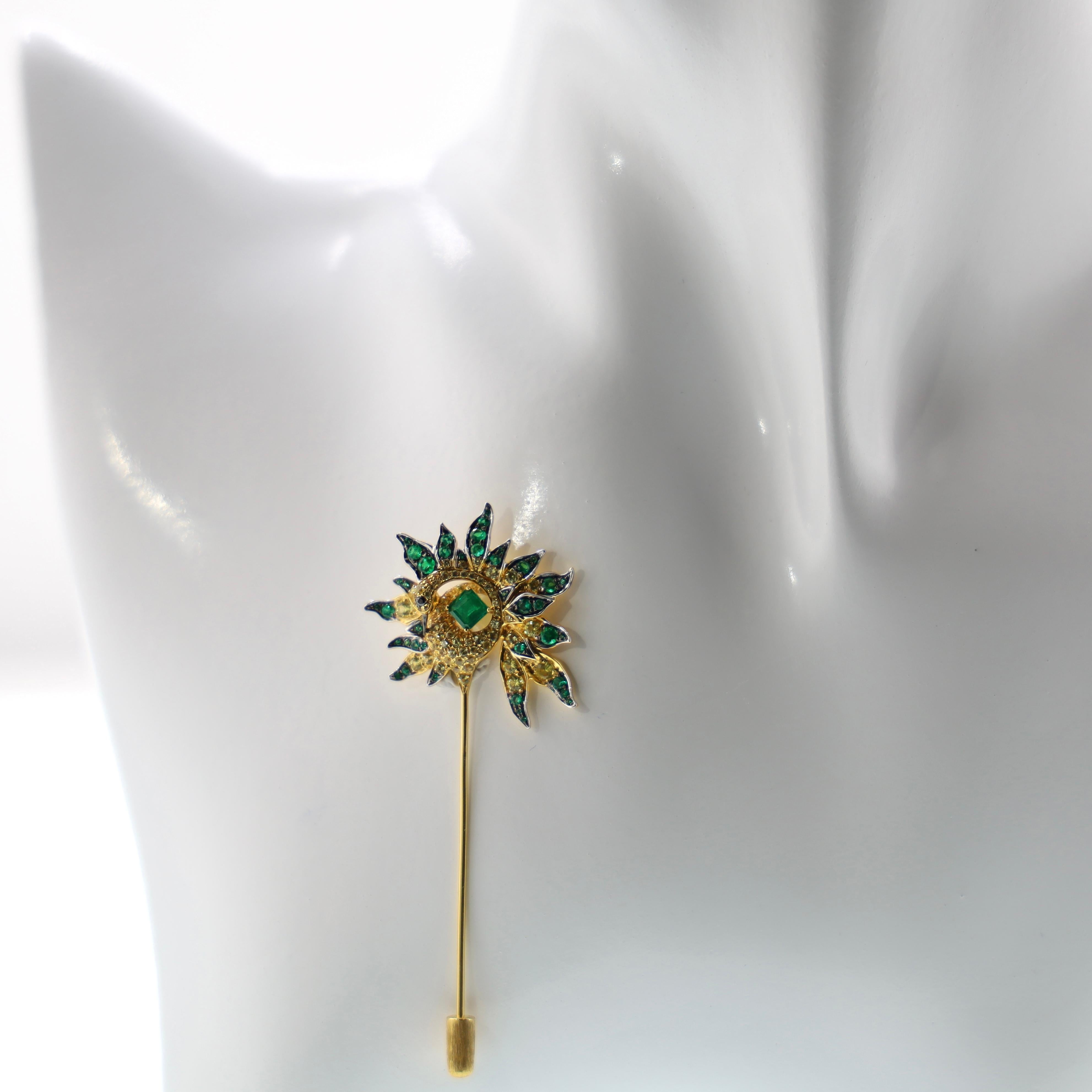 Emerald Cut 18K Yellow Gold Emerald & Yellow Sapphire Brooch For Sale