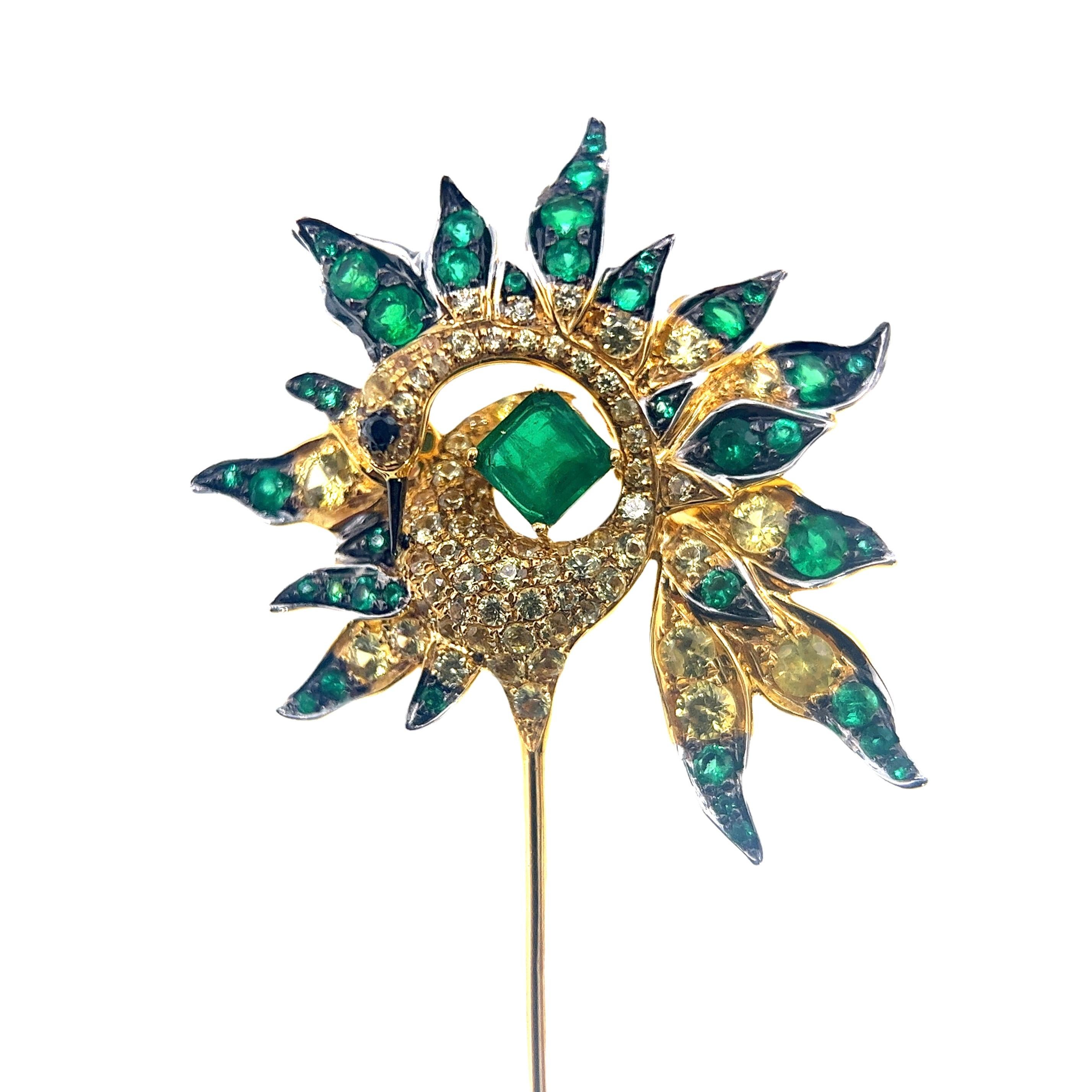 18K Yellow Gold Emerald & Yellow Sapphire Peacock Brooch

1 Emerald - 0.32 CT
40 Emeralds - 0.413 CT
79 Yellow Sapphires - 1.016 CT
18K Yellow Gold - 7.72 GM

