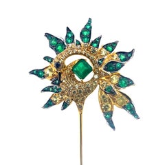18K Yellow Gold Emerald & Yellow Sapphire Peacock Brooch
