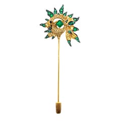 18K Yellow Gold Emerald & Yellow Sapphire Peacock Brooch