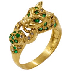 18K Yellow Gold, Emeralds and Diamonds "Panther" Ring, Size 7