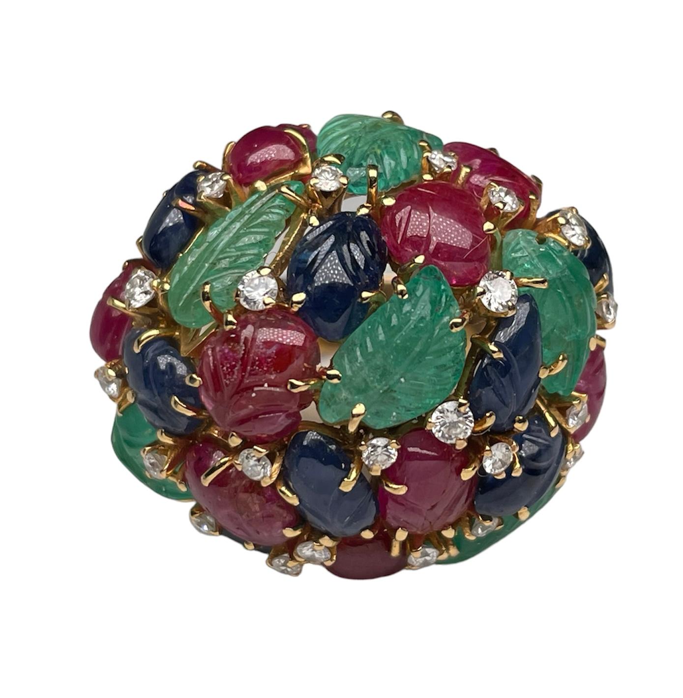 18k Yellow Gold Emeralds, Sapphires, Rubies, Diamonds Tutti-Frutti Cocktail Ring For Sale 5
