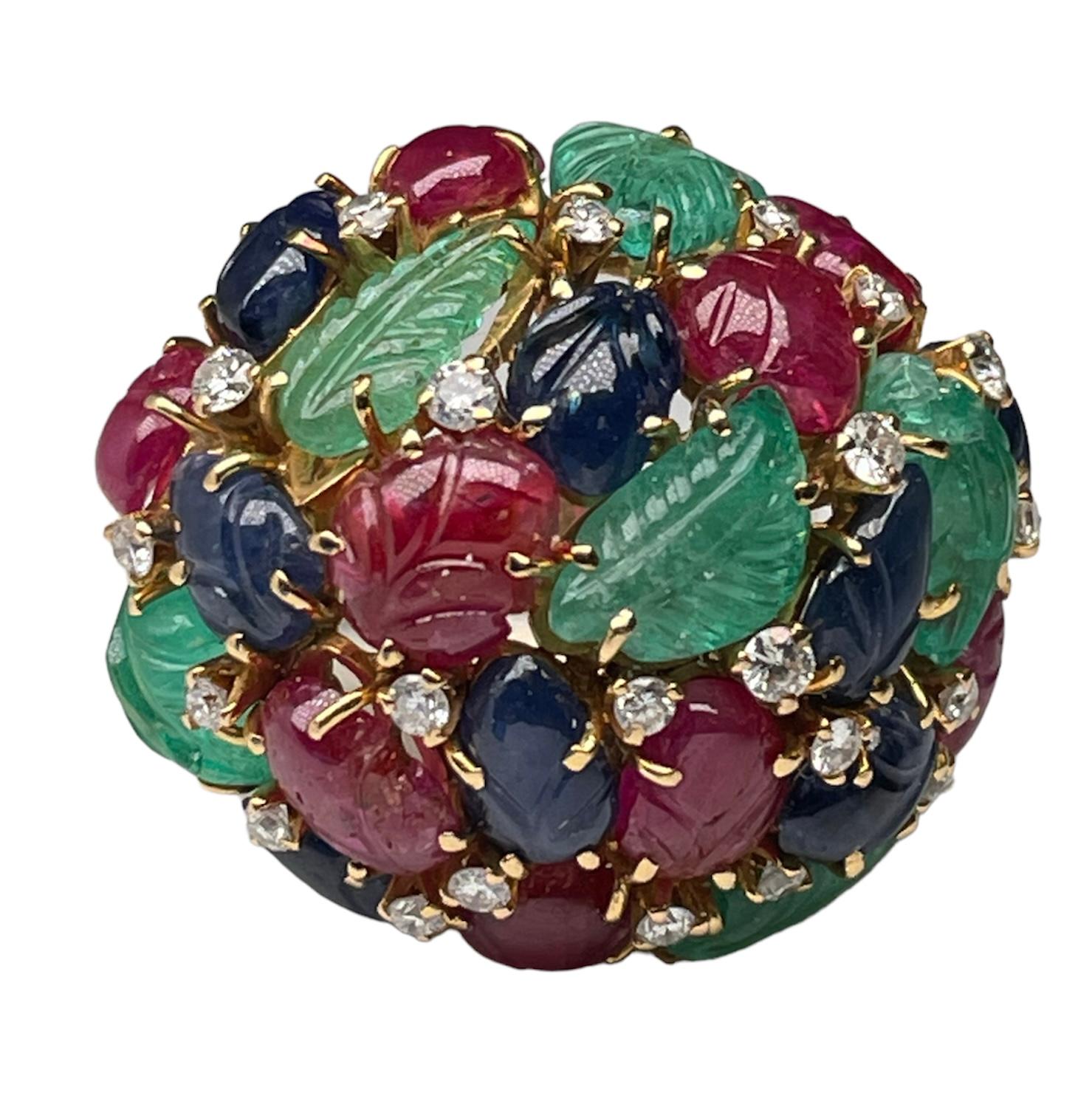 Art Deco 18k Yellow Gold Emeralds, Sapphires, Rubies, Diamonds Tutti-Frutti Cocktail Ring For Sale