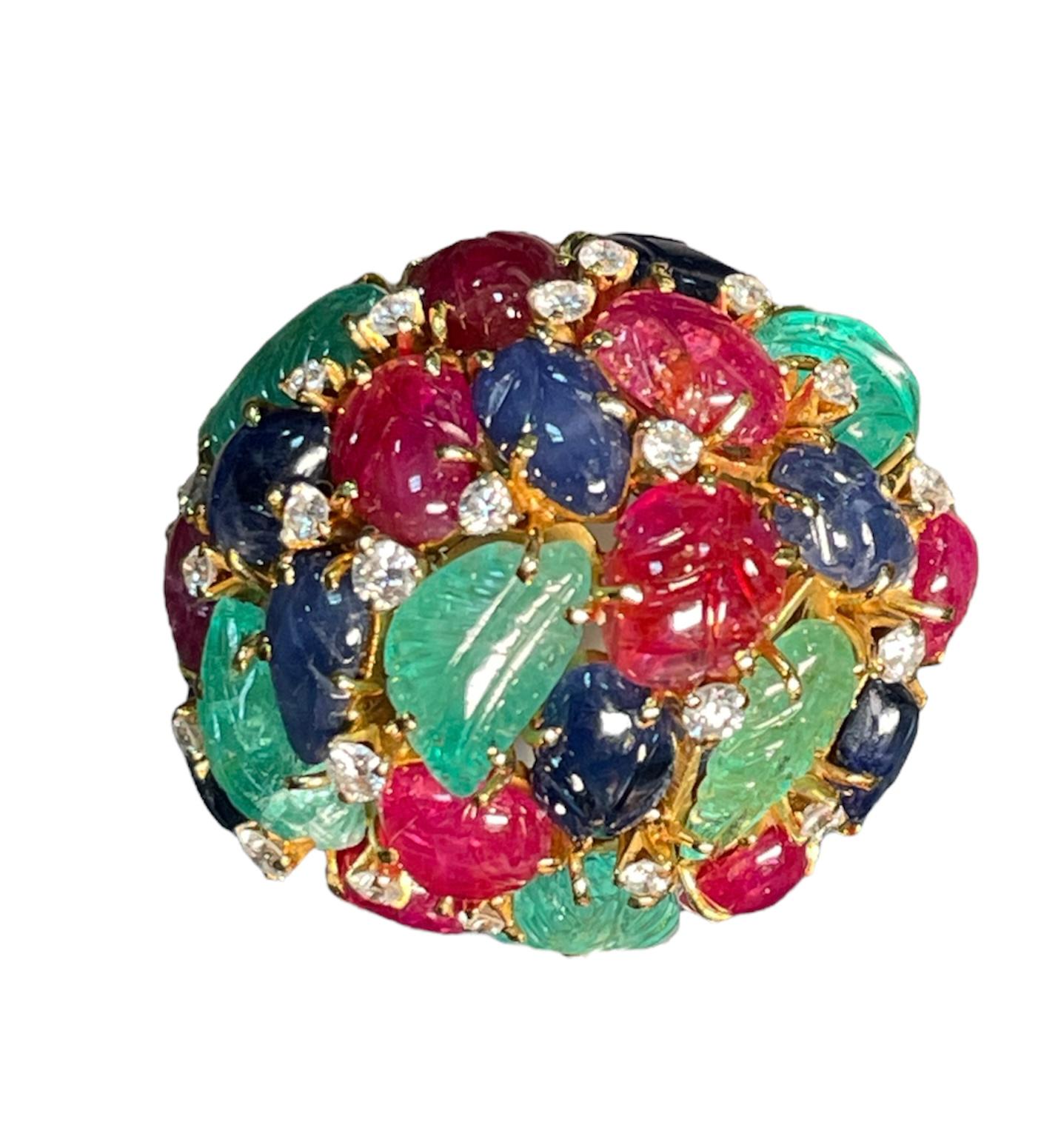 Women's 18k Yellow Gold Emeralds, Sapphires, Rubies, Diamonds Tutti-Frutti Cocktail Ring For Sale